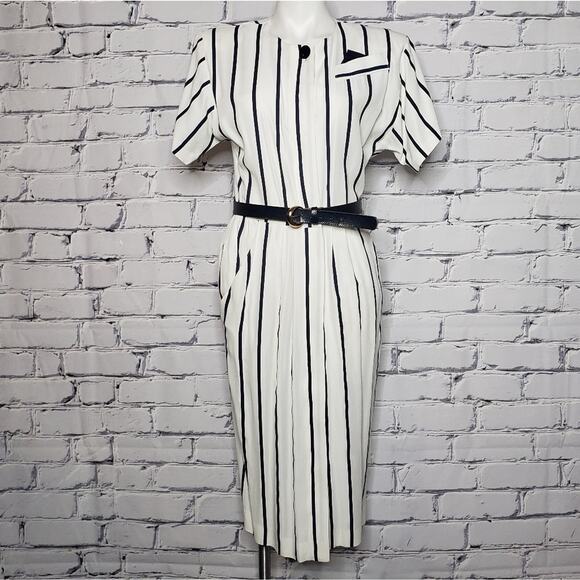 Vintage Dresses & Skirts - VTG 80s Navy Blue & White Stripe Dawn Joy Fashions Dress, sz 7/8